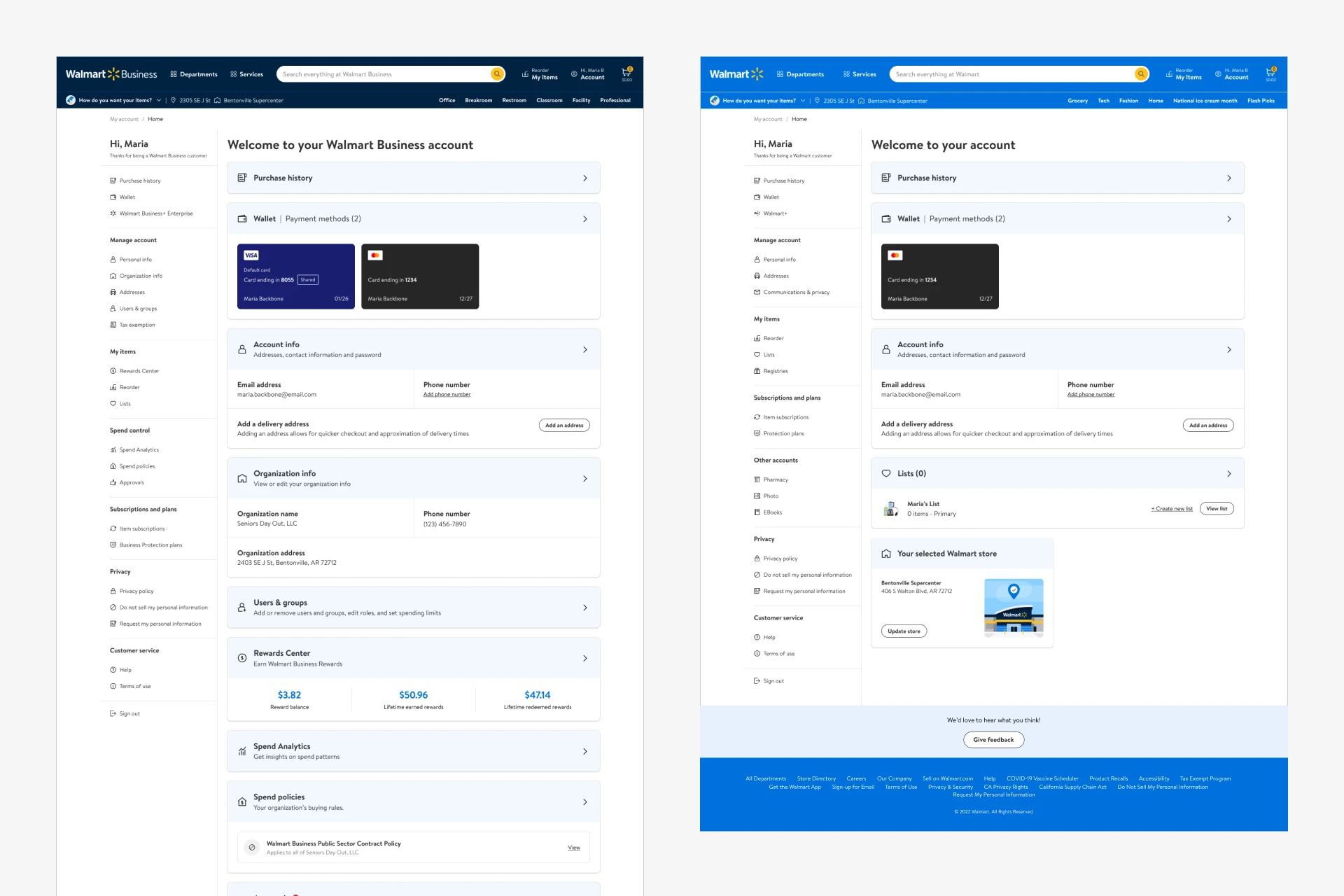 The account screens for Walmart Business and Walmart.